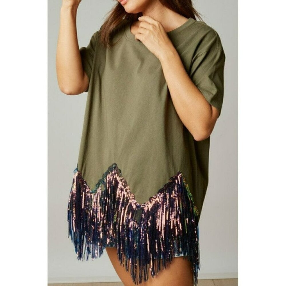 Here for the Fringe Chevron Sequin Top in Olive - Picture 7 of 8